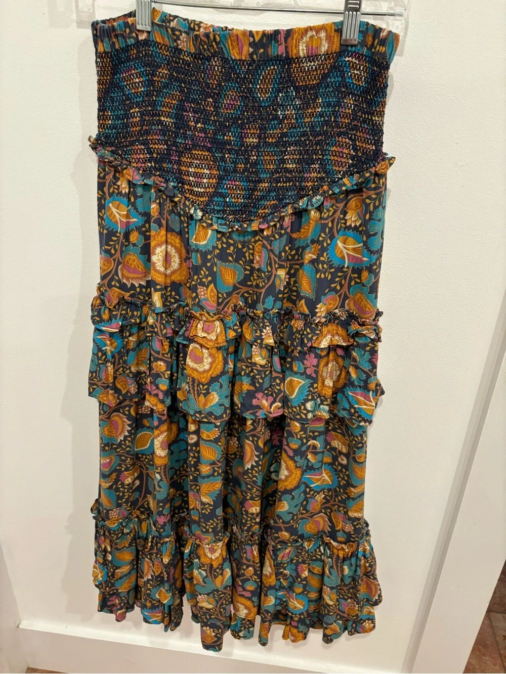 House of Harlow Maxi Skirt Womens Small Smocking Ruffles Bohemian Blue Ochre - Picture 12 of 12